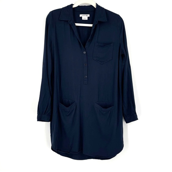 Lacoste Shirt Dress Women's 36 Small Navy ½ Button Rolled Sleeves Collar Mini - Picture 4 of 14